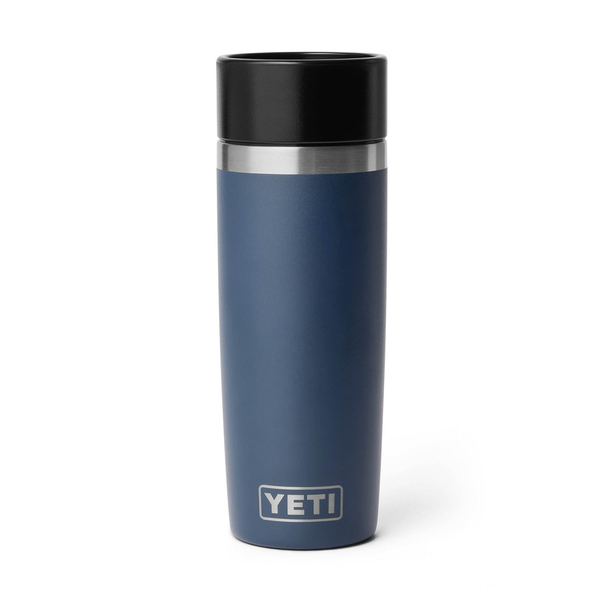 Blue YETI insulated mug with black lid on a white background