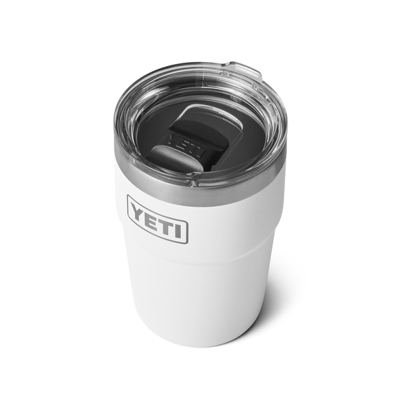 White YETI tumbler with a clear lid on a white background