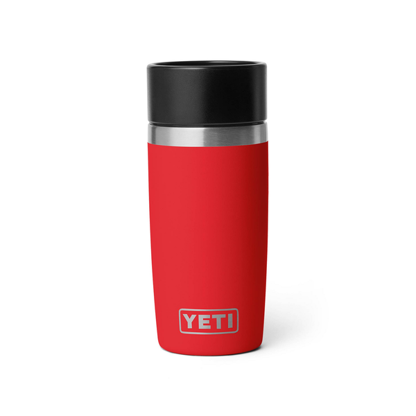 Red YETI mug with black lid on a white background