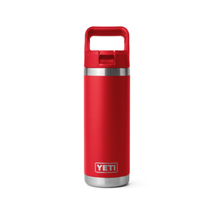 Red YETI water bottle with a silver base and handle on a white background