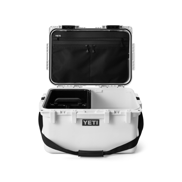 White YETI cooler with open lid on a white background