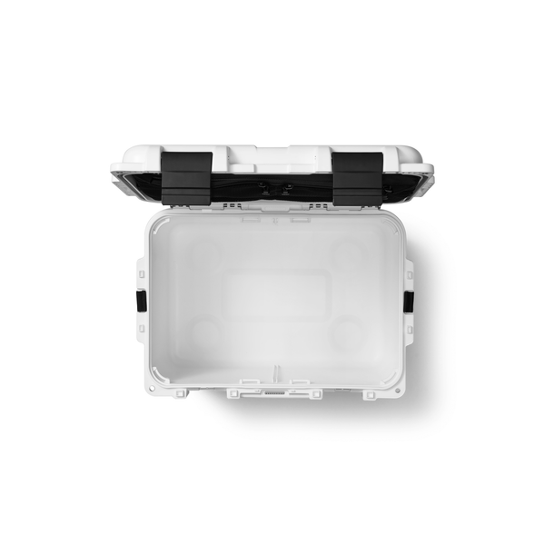White Yeti cooler box with black interior and carrying handle on a white background