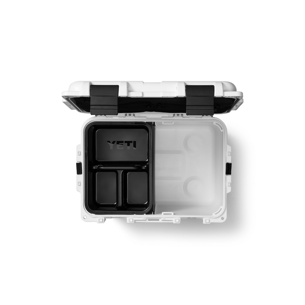 White Yeti cooler box with black interior and carrying handle on a white background