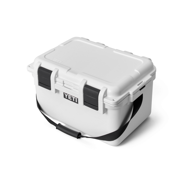 White Yeti cooler box with black interior and carrying handle on a white background