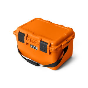 Orange YETI cooler with black handles on a white background