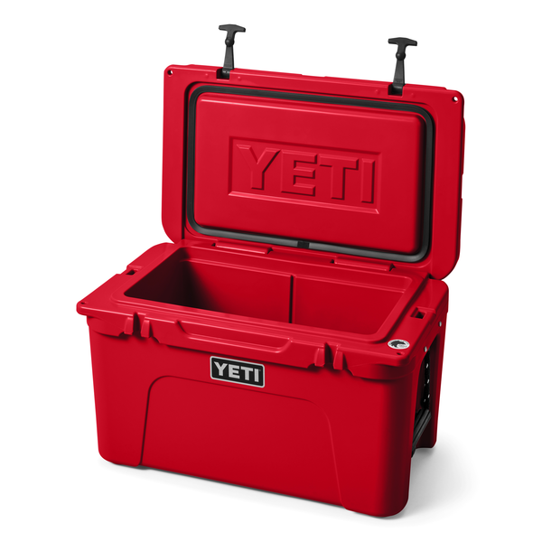 Red YETI cooler with open lid on a white background