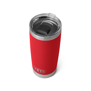 Red YETI tumbler with a silver lid on a white background