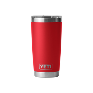 Red YETI tumbler with a silver rim on a white background