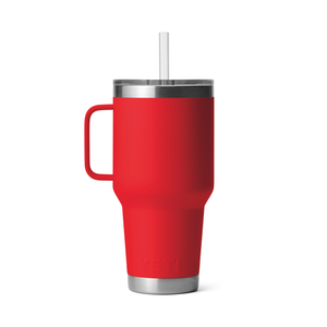 Red insulated tumbler with a silver straw lid on a white background