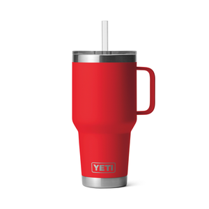 Red YETI mug with a straw on a white background