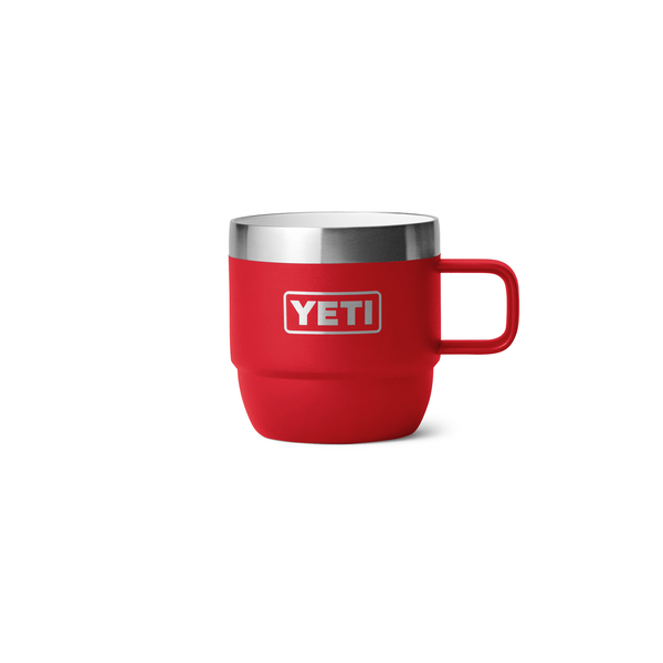 Red YETI mug with a silver rim on a white background
