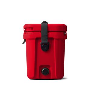 Red cooler box with black straps on a white background