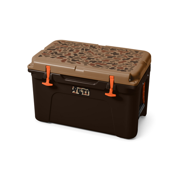 Brown Yeti cooler box with camouflage lid on a white background