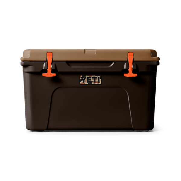 Brown Yeti box with orange handles on a white background