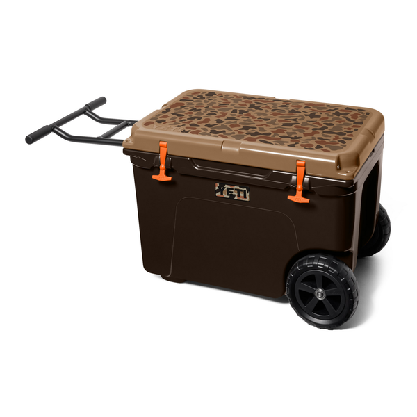 Brown Yeti cooler with print lid and wheels on a white background