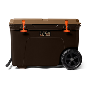Brown YETI cooler with orange handles on a white background