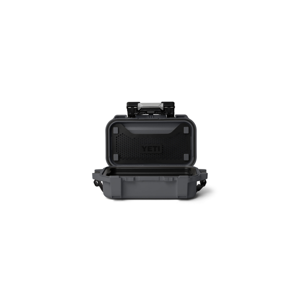 charcoal go box for fly gear with open lid on white background