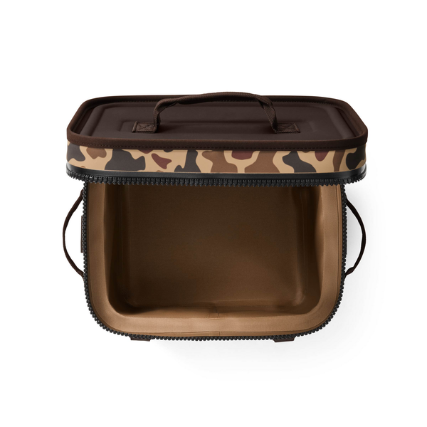 Brown Yeti storage box with camouflage pattern on a white background