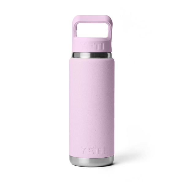 Pink YETI bottle with a handle on a white background