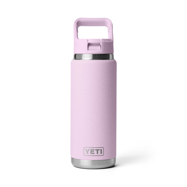 Pink YETI bottle with a silver lid on a white background