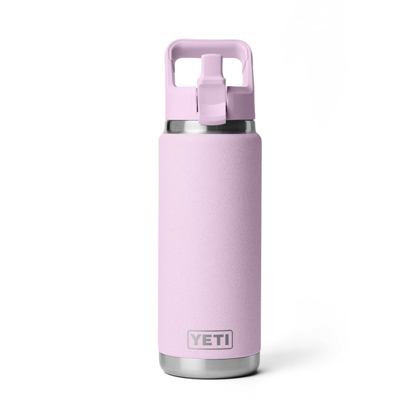 Pink YETI water bottle with a straw lid on a white background