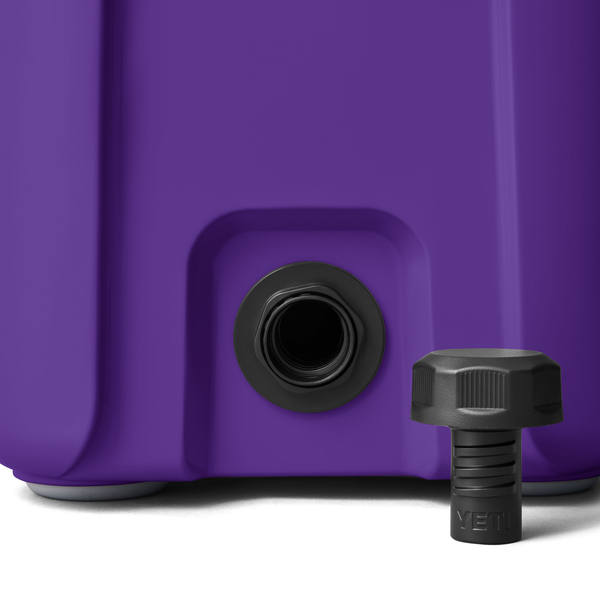 closeup of purple yeti hard cooler on white background