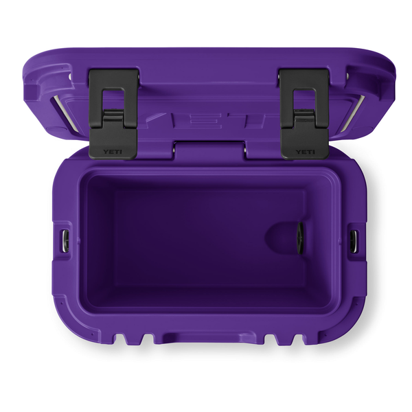 pruple yeti hard cooler with open lid on white background