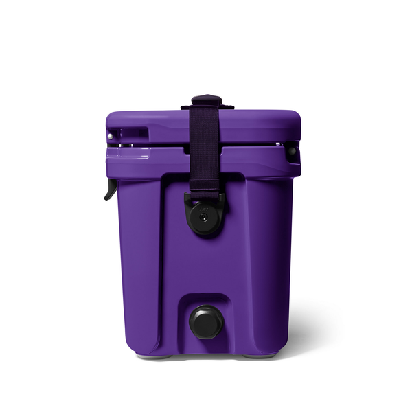 side of purple yeti hard cooler on white background