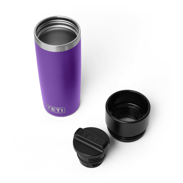 16oz purple Yeti rambler with lid off on white background