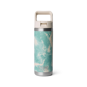 18oz blue and white Yeti rambler bottle on white background