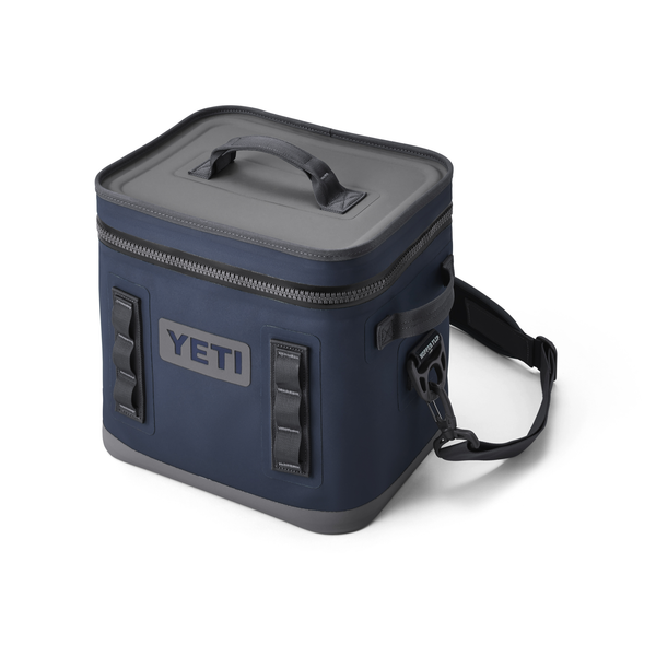 Blue YETI cooler bag with a gray lid on a white background