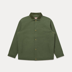 An olive green canvas jacket with a contrasting dark green corduroy collar and brass buttons, displayed flat against a light gray background.