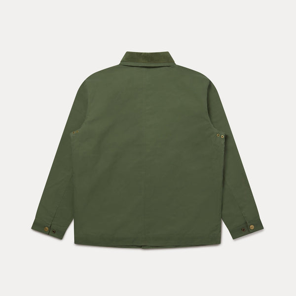 An olive green long-sleeve utility shirt jacket shown from the back, featuring a collar and buttoned cuffs, on a light gray background.