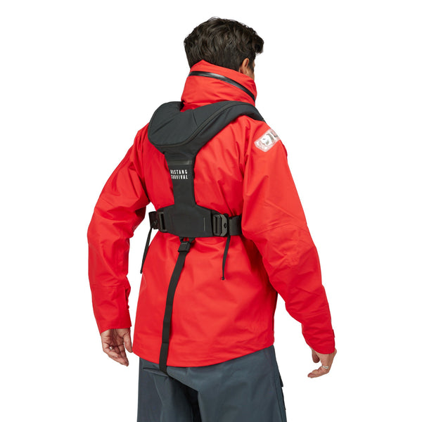 man wearing lifesaving vest over red jacket