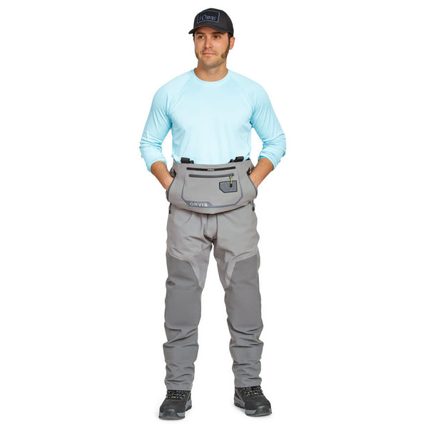 Man wearing Men's Pro Waders in grey, top panel down