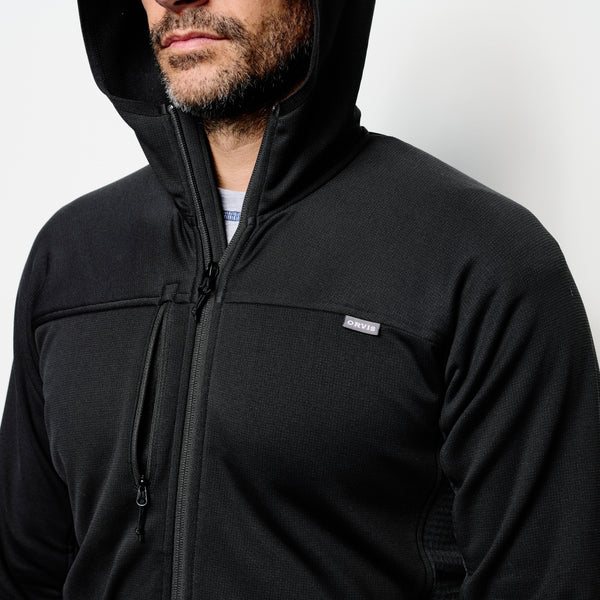 Orvis Men's Pro Fleece Hoodie - Blackout on model close up